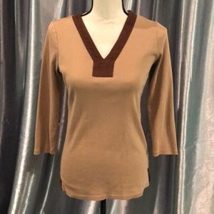 Lauren Ralph Lauren Tan and Brown 3/4 Sleeve Top